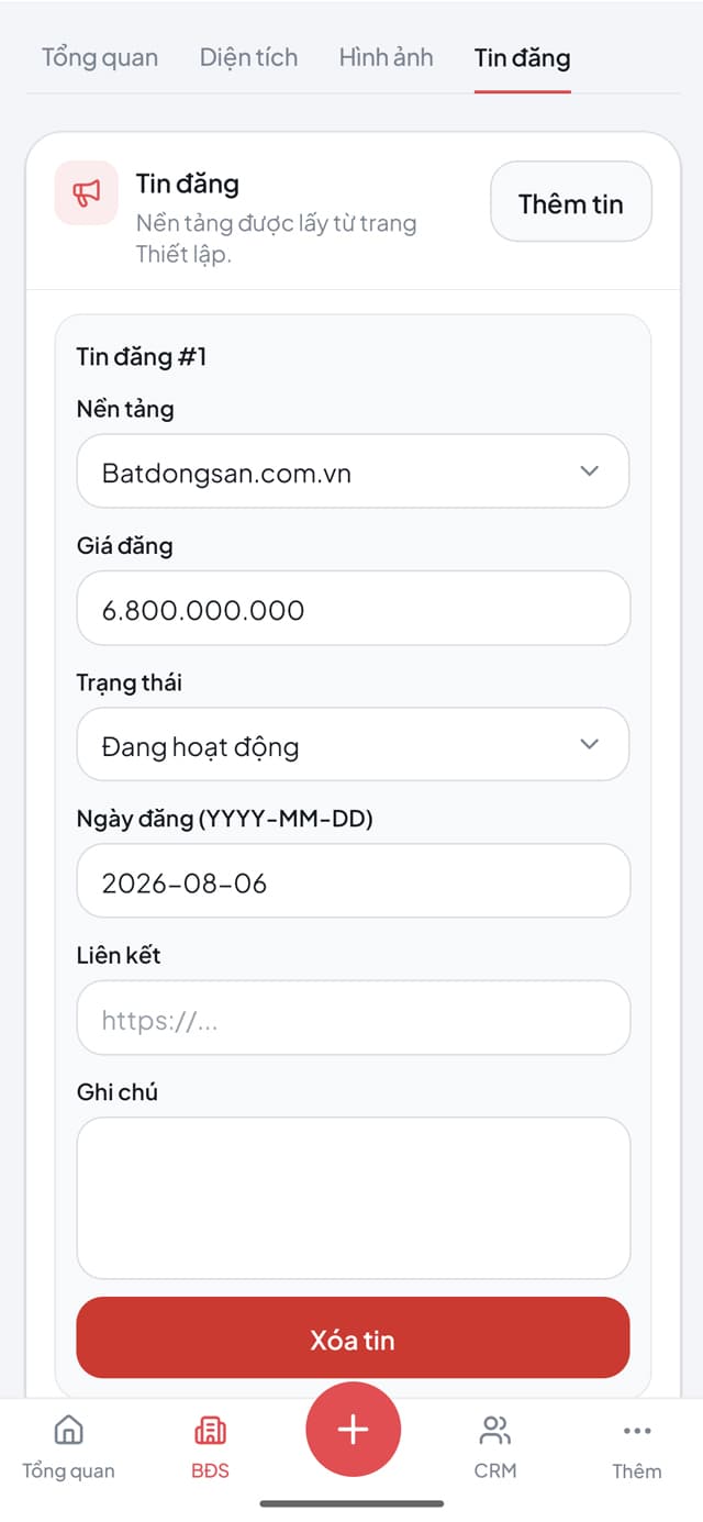 Giao diện quản lý tin đăng SYNO