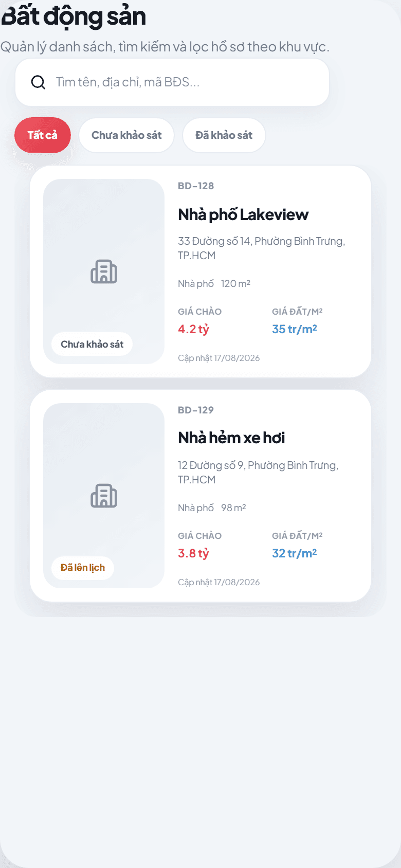 Giao diện danh sách bất động sản SYNO